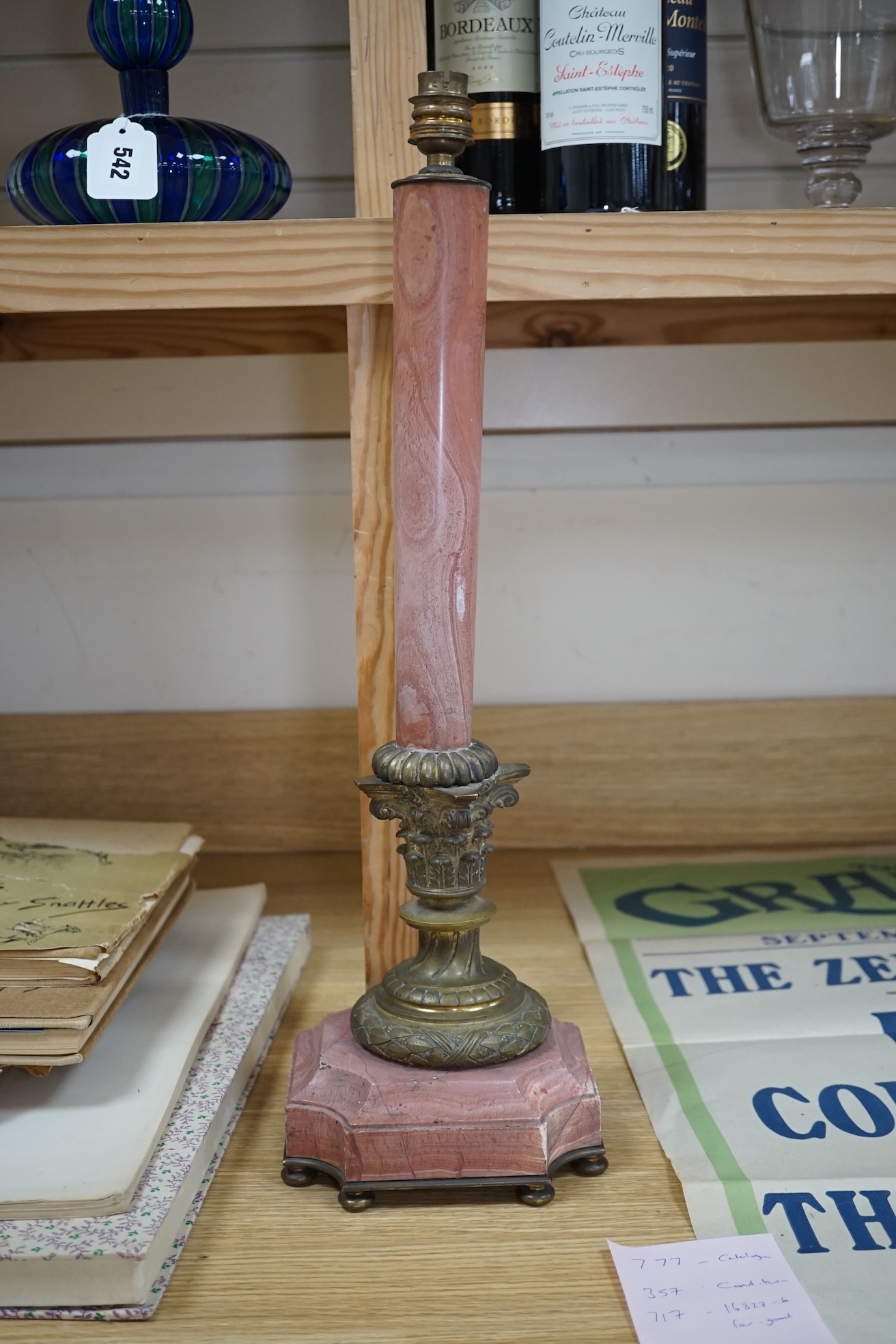 A Corinthian column rouge marble and bronze lamp base, 53cm high overall. Condition - fair